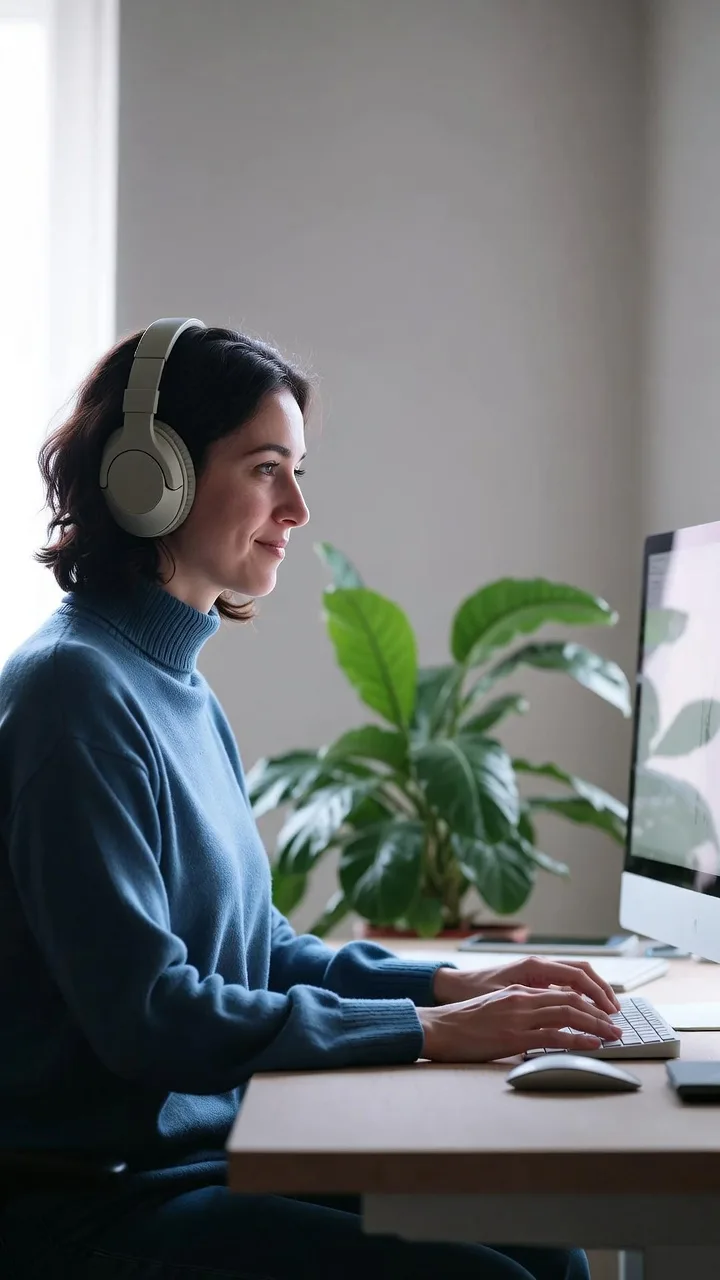 Anti Stress Tipps Alltag Ergebnis: entspannte konzentrierte Person genießt ruhigen produktiven Tag