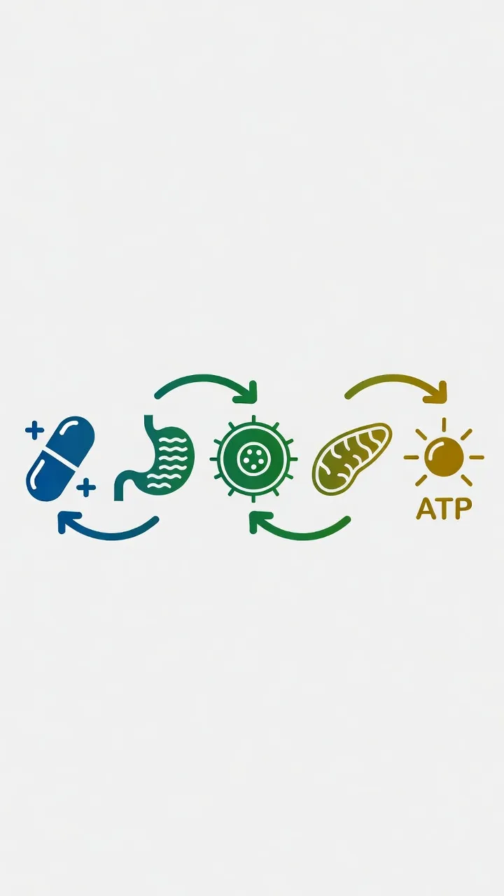 NAD Plus Kapseln Wirkungsweg im Körper von Resorption bis zellulärer ATP-Produktion
