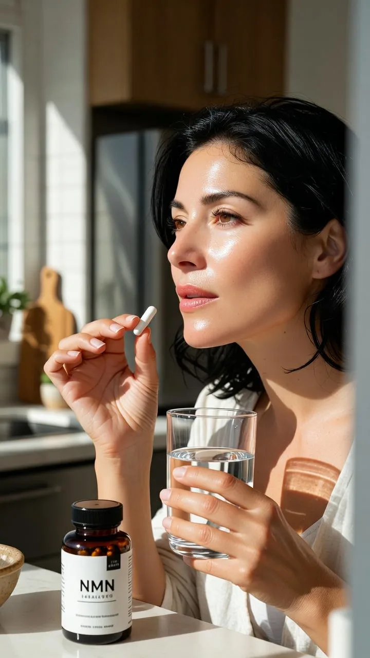 NMN Kapseln kaufen Ergebnis: Frau nimmt täglich NMN Kapsel mit Wasser für Energie und Vitalität